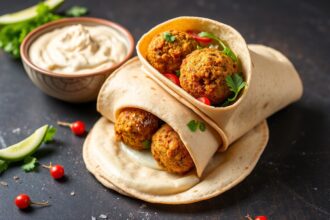 Irresistibly flavorful falafel wrap with creamy hummus lunch.