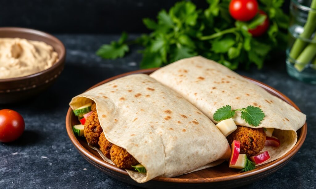 Irresistibly flavorful falafel wrap with creamy hummus for a satisfying lunch.