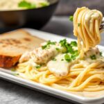 Irresistible skinny chicken alfredo: creamy, healthy, lower-calorie comfort dish.