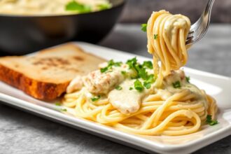 Irresistible skinny chicken alfredo: creamy, healthy, lower-calorie comfort dish.