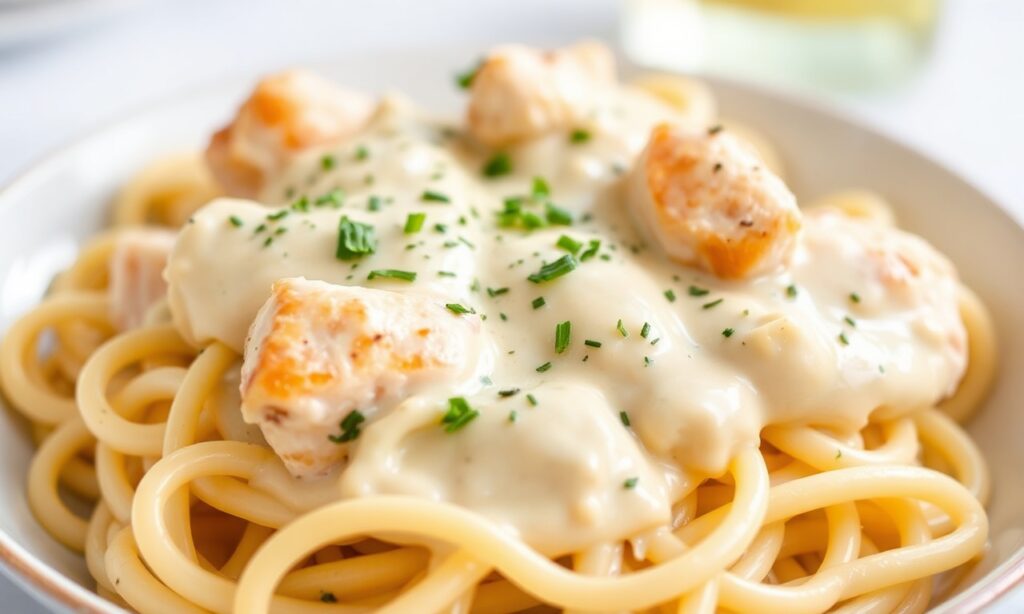 Irresistible Skinny Chicken Alfredo: creamy, low-calorie comfort food recipe.