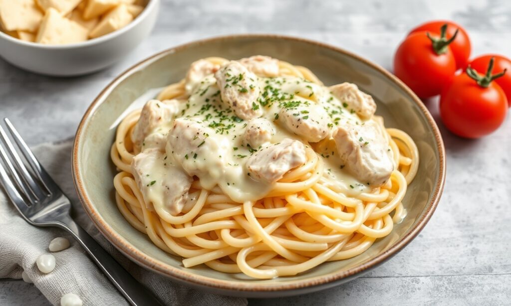 Irresistible Skinny Chicken Alfredo: creamy, low-calorie comfort food recipe.