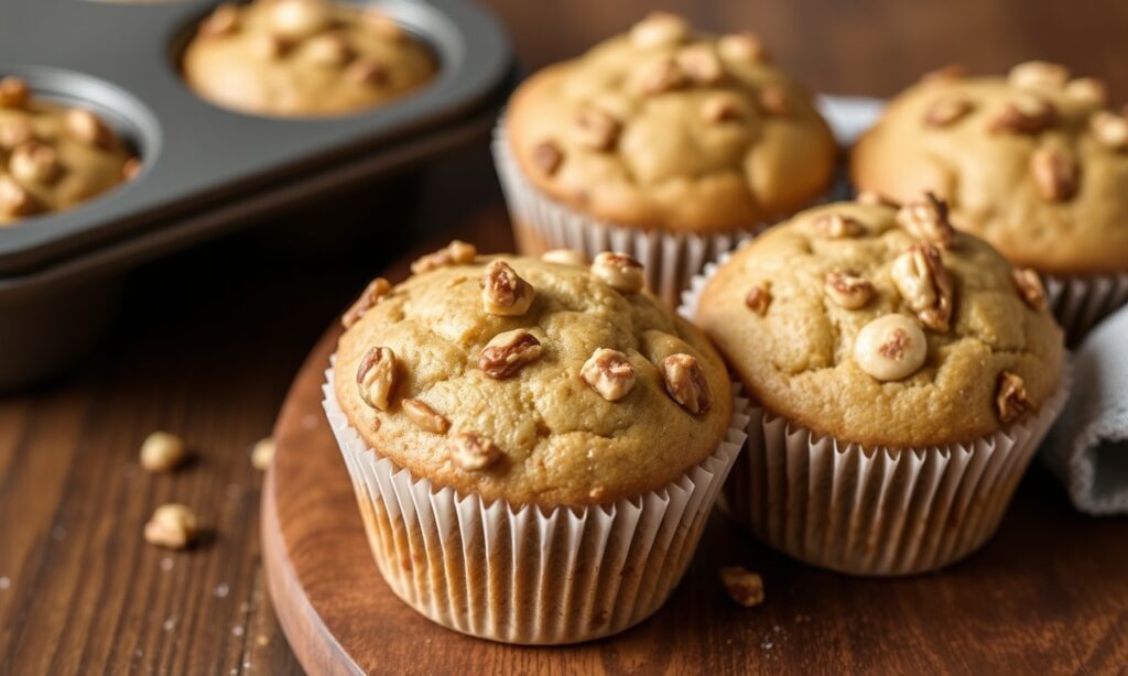 Delicious banana nut muffins, a sweet and crunchy treat.