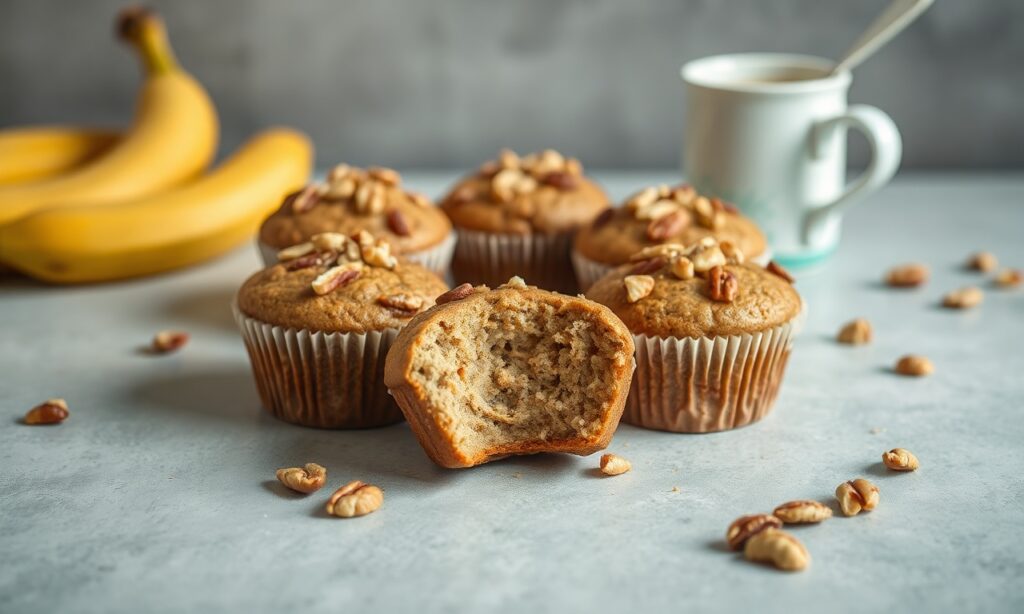 Delicious banana nut muffins, a sweet and crunchy treat.