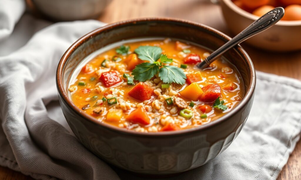 Cozy quinoa and veggie soup: healthy, comforting, and delicious.