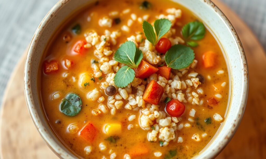 Cozy quinoa and veggie soup: a soul-warming comfort bowl.
