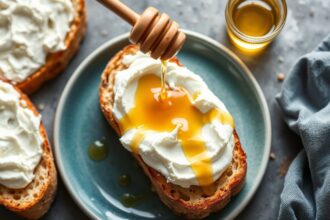 Whipped ricotta toast with honey, a sweet and creamy delight.
