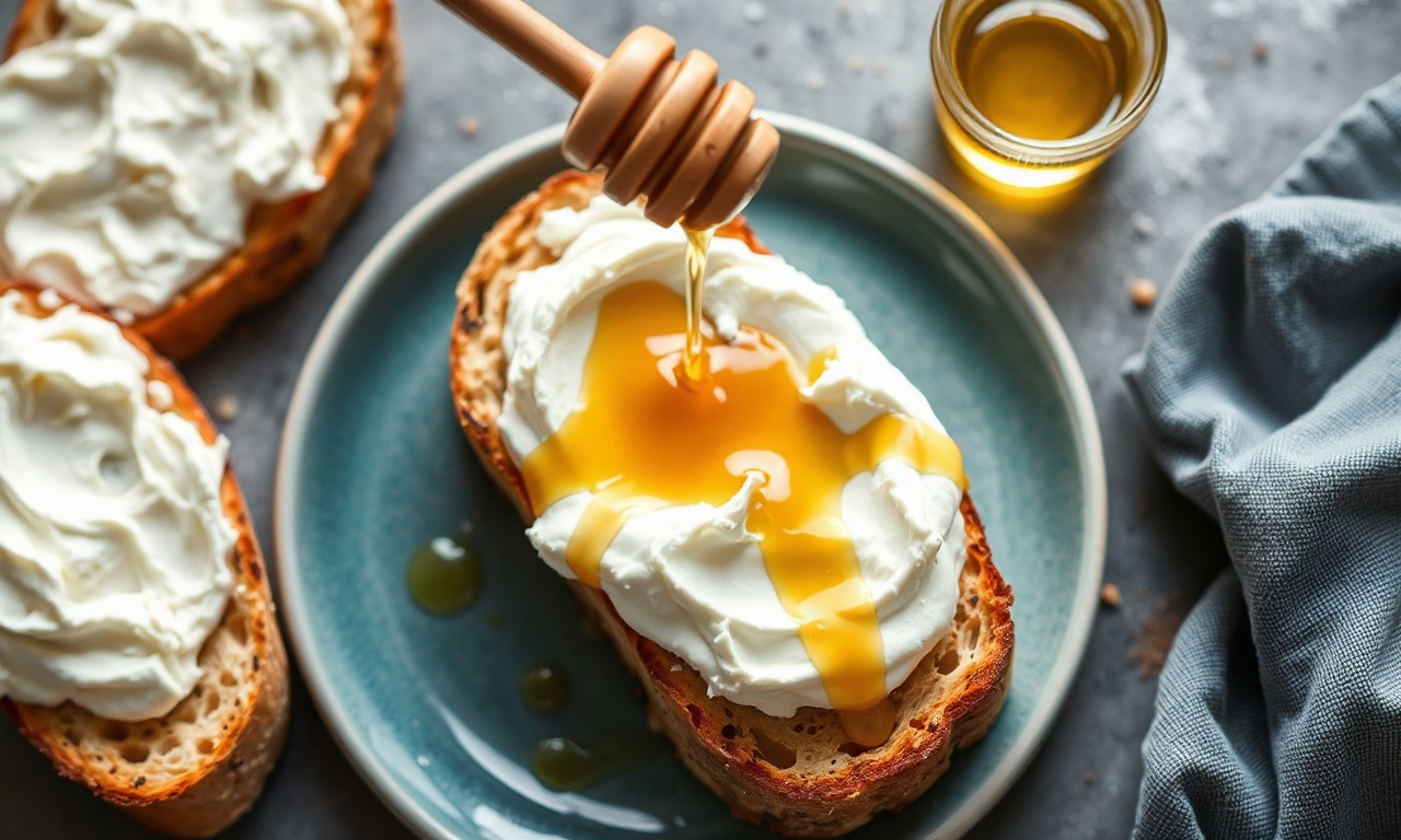 Whipped ricotta toast with honey, a sweet and creamy delight.