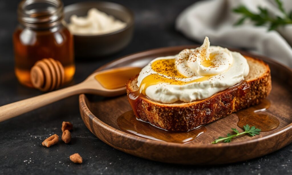 Whipped ricotta toast with honey: a sweet, creamy delight.