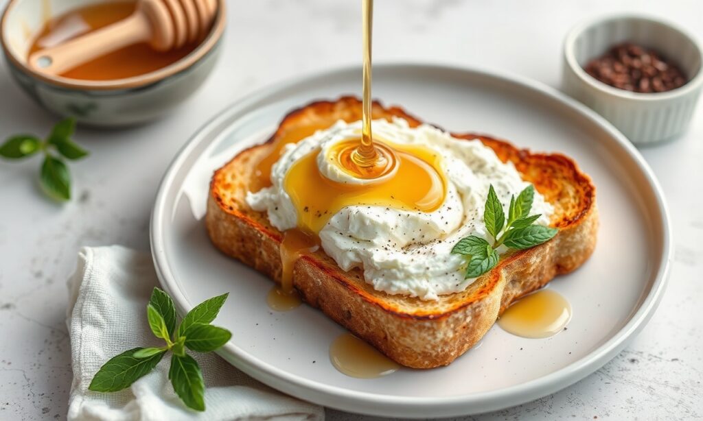 Whipped ricotta toast with honey: creamy, sweet, and simple delight.