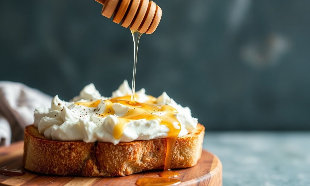 Whipped ricotta toast with honey: creamy, sweet, and simple delight.