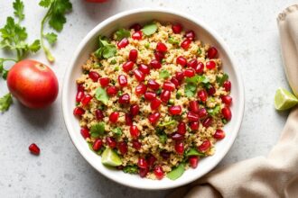 Vibrant quinoa tabbouleh salad with pomegranate seeds.