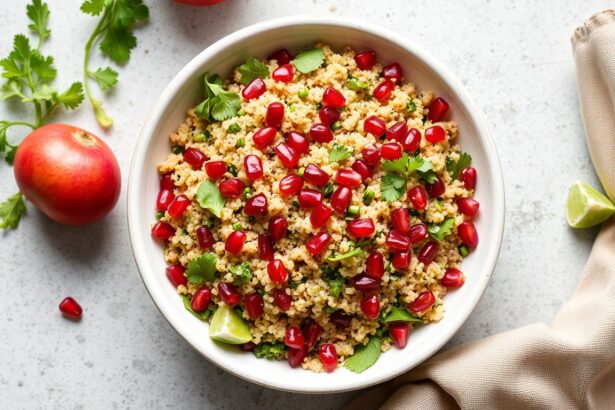 Vibrant quinoa tabbouleh salad with pomegranate seeds.