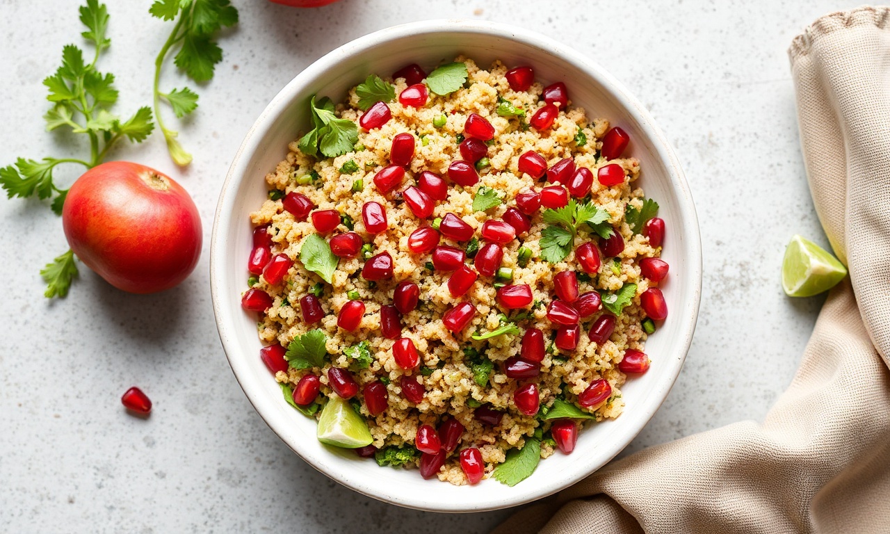 Vibrant quinoa tabbouleh salad with pomegranate seeds.