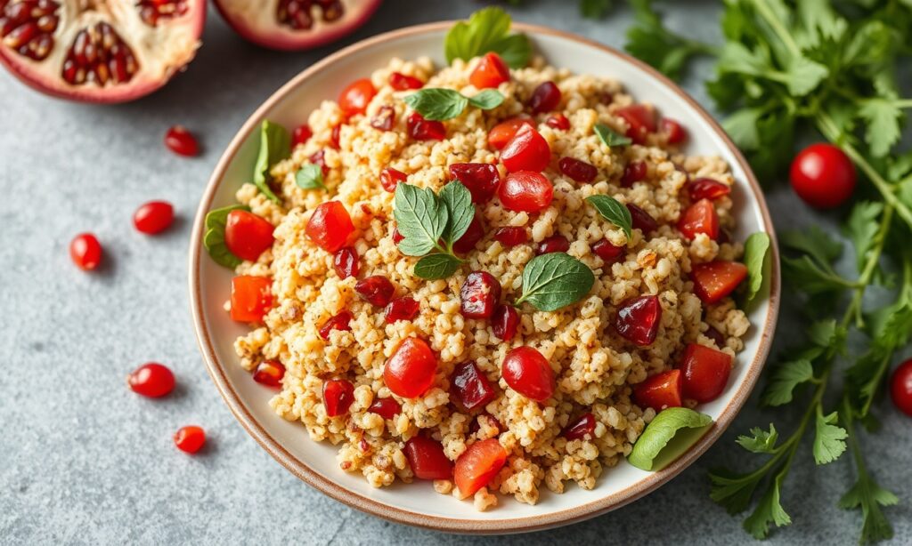 Vibrant quinoa tabbouleh salad with juicy pomegranate seeds.