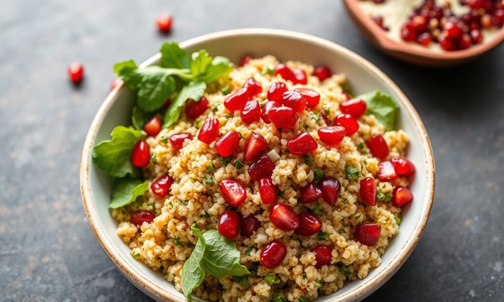 Vibrant quinoa tabbouleh with pomegranate, a refreshing sun-kissed salad.