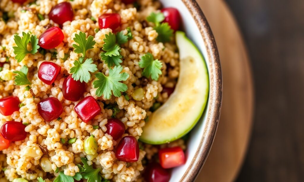 Vibrant quinoa tabbouleh with pomegranate, a refreshing sun-kissed salad.