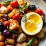 Briam uncovered: colorful Greek roasted vegetables served in a dish.