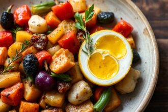 Briam uncovered: colorful Greek roasted vegetables served in a dish.