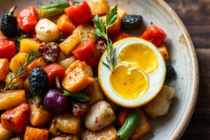 Briam uncovered: colorful Greek roasted vegetables served in a dish.