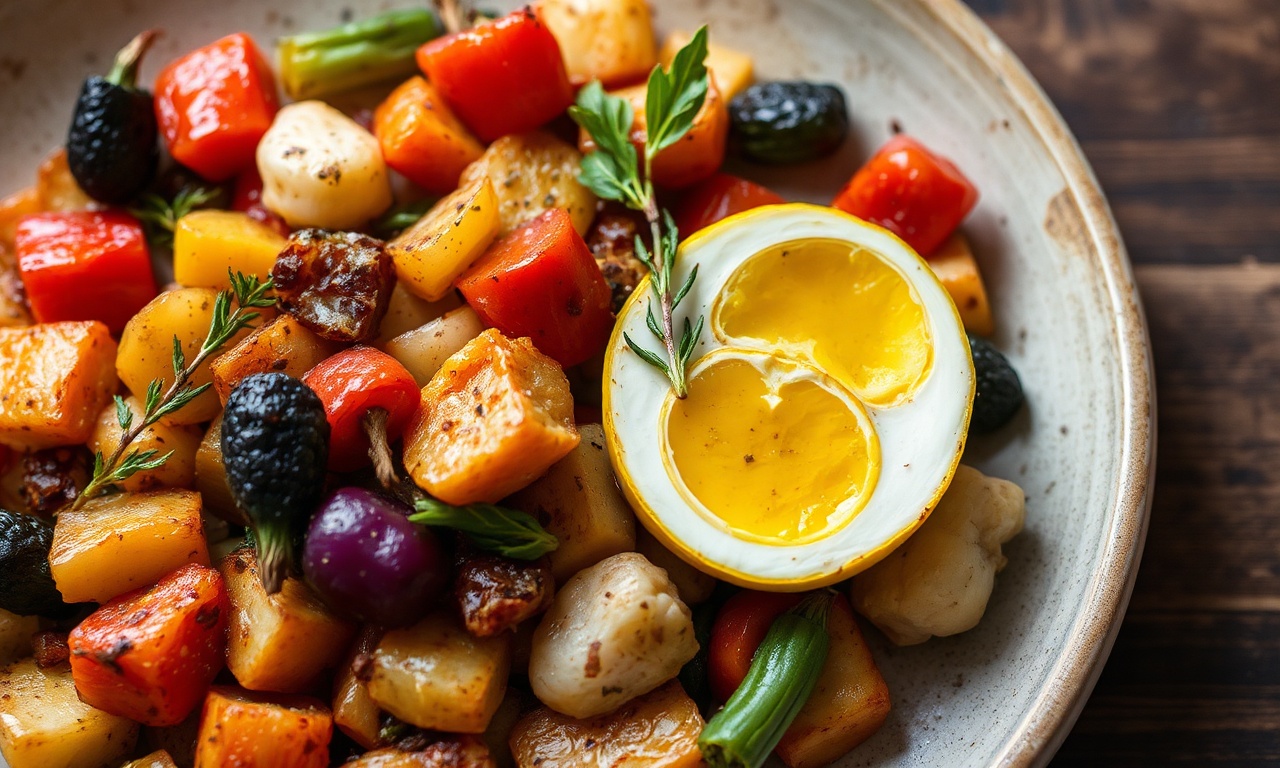 Briam uncovered: colorful Greek roasted vegetables served in a dish.