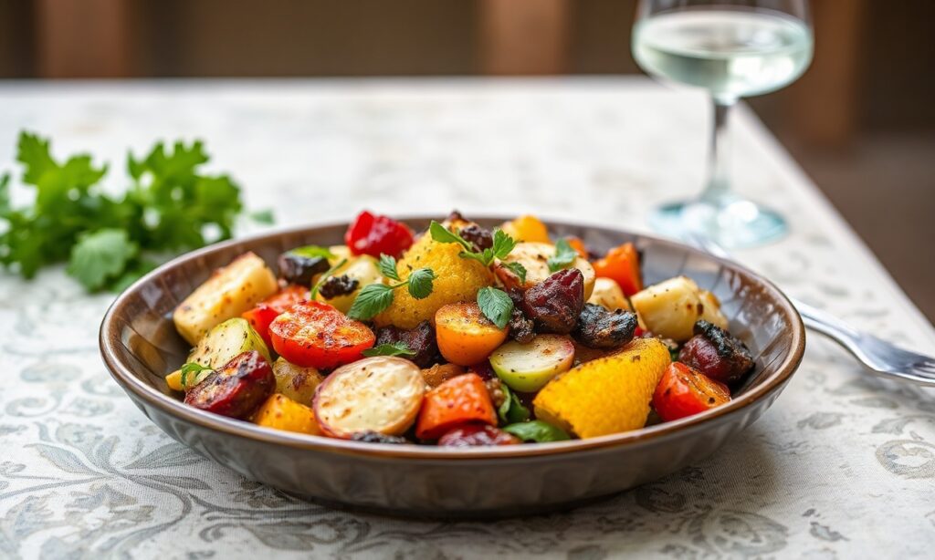 Briam Uncovered: Colorful Greek roasted vegetables, a sunny Mediterranean delight.