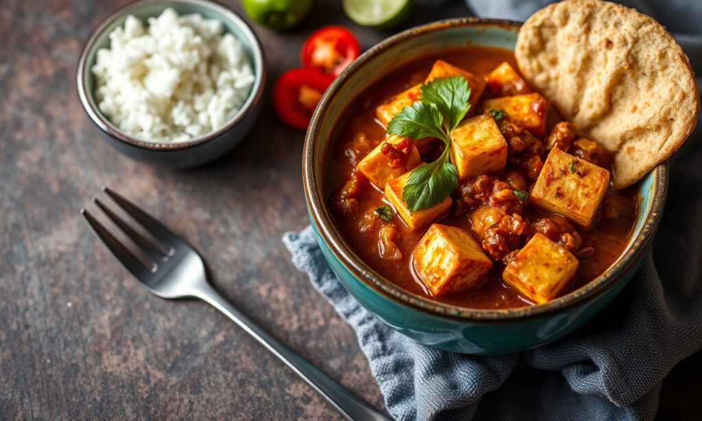 Flavorful Puerto Rican tofu guisado vegan stew.