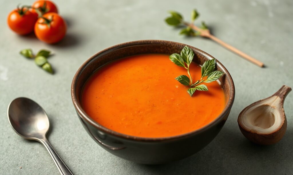 Velvety creamy tomato soup: ultimate comfort, delicious spoonful.
