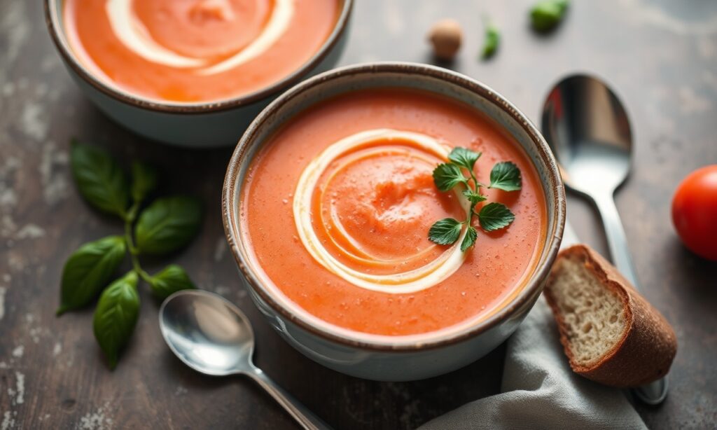 Velvety creamy tomato soup, a comforting spoonful.