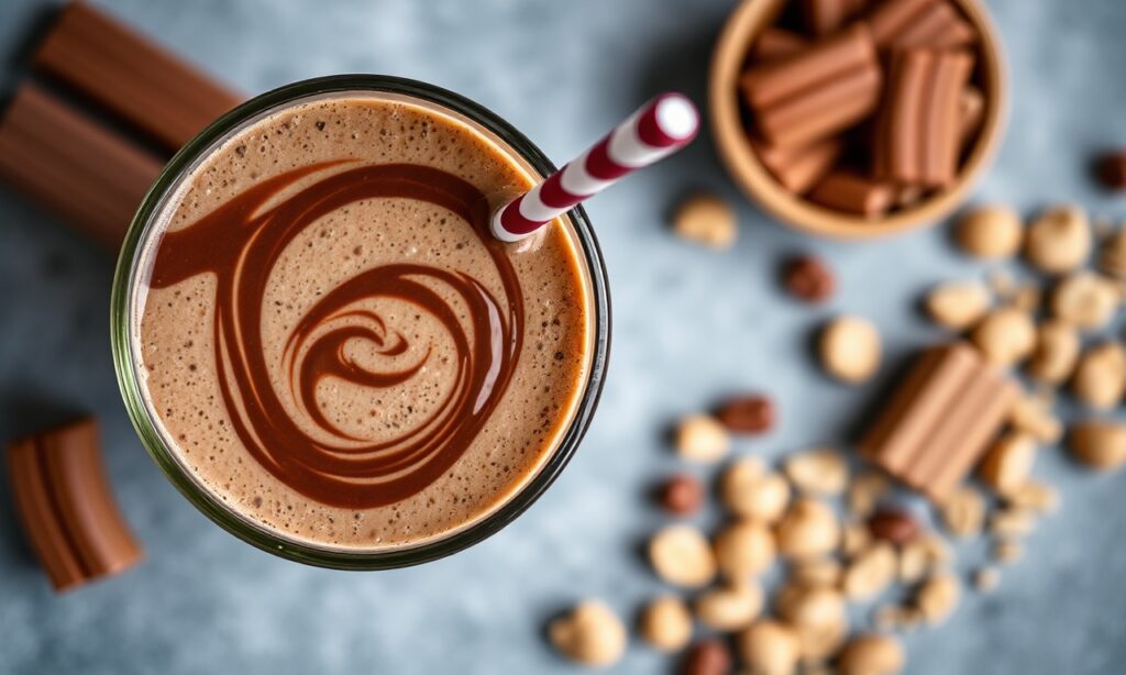 Chocolate peanut butter protein shake to boost energy.
