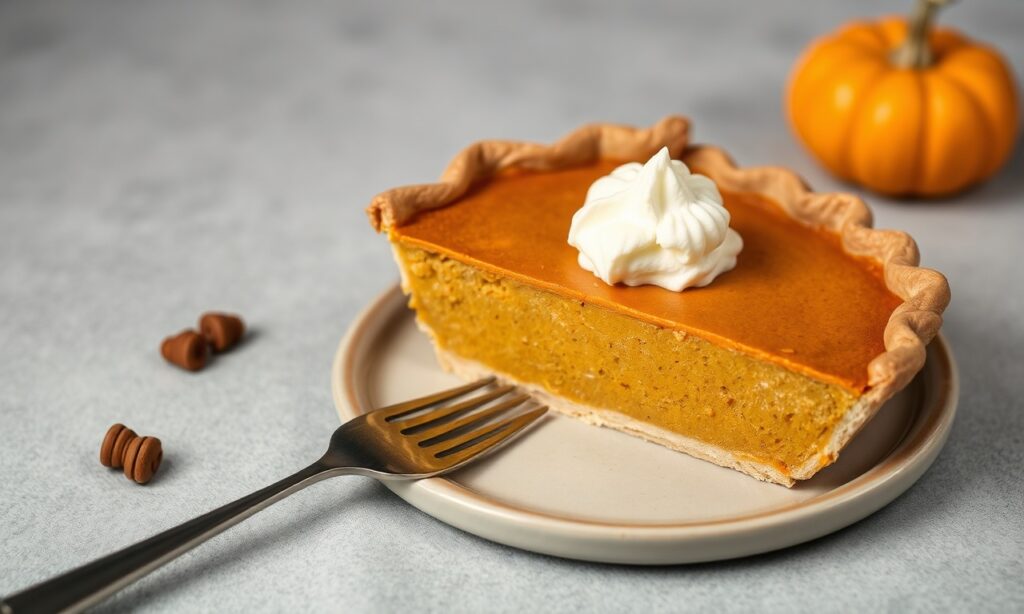 Golden, velvety pumpkin pie slice, art and science behind perfect delight.