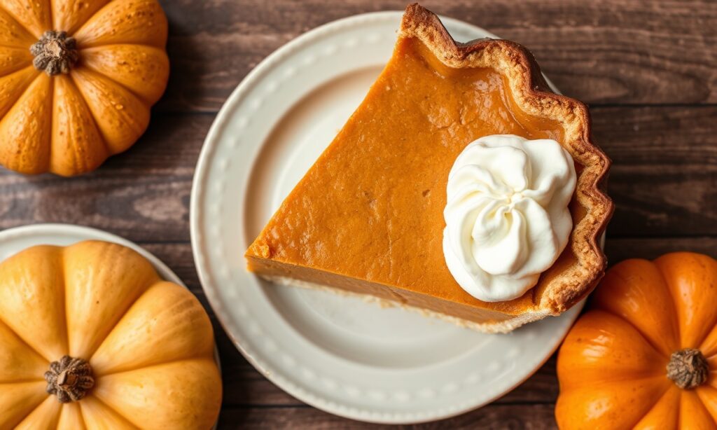 Perfect pumpkin pie slice, warm and rustic delight.