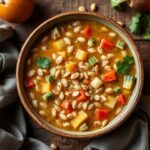 Hearty vegetable barley soup in a rustic comfort bowl.
