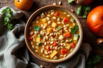 Hearty vegetable barley soup in a rustic comfort bowl.