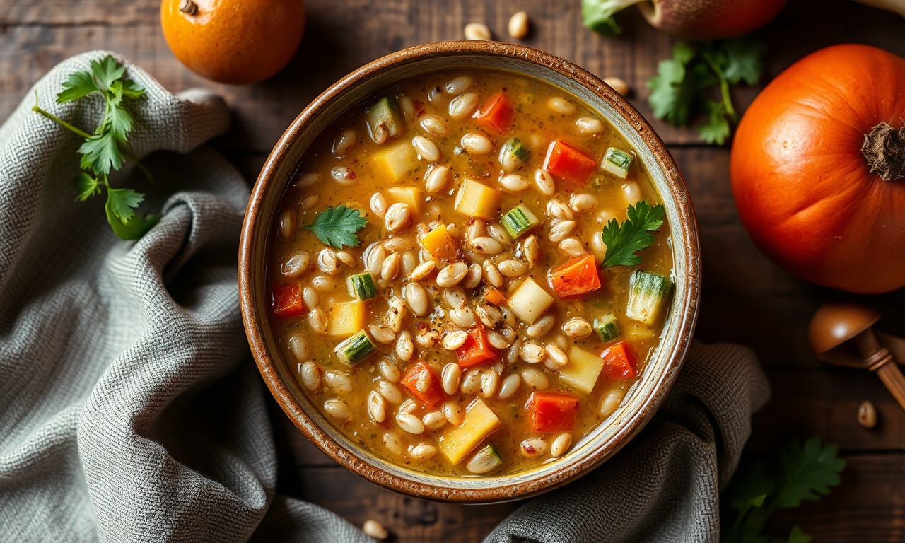 Hearty vegetable barley soup in a rustic comfort bowl.