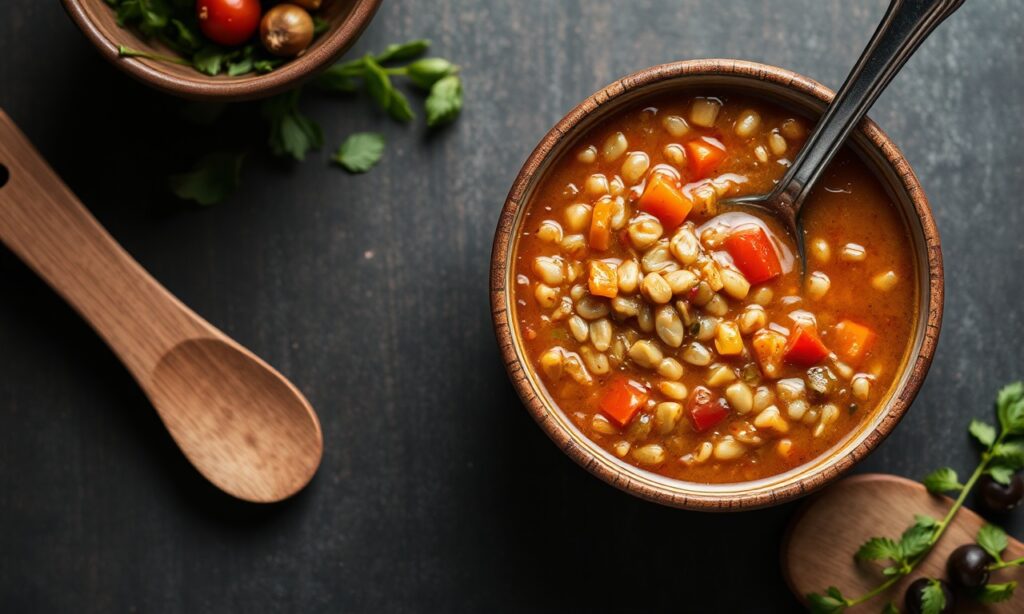 Hearty vegetable barley soup: rustic comfort and nutrition.