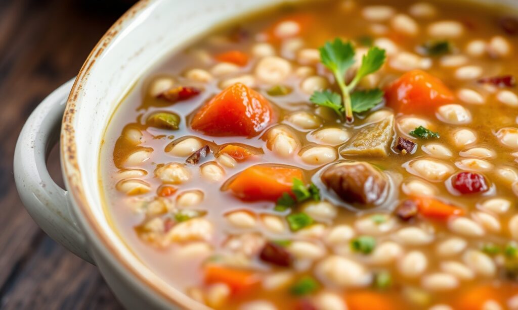 Hearty vegetable barley soup, a rustic comfort food bowl.