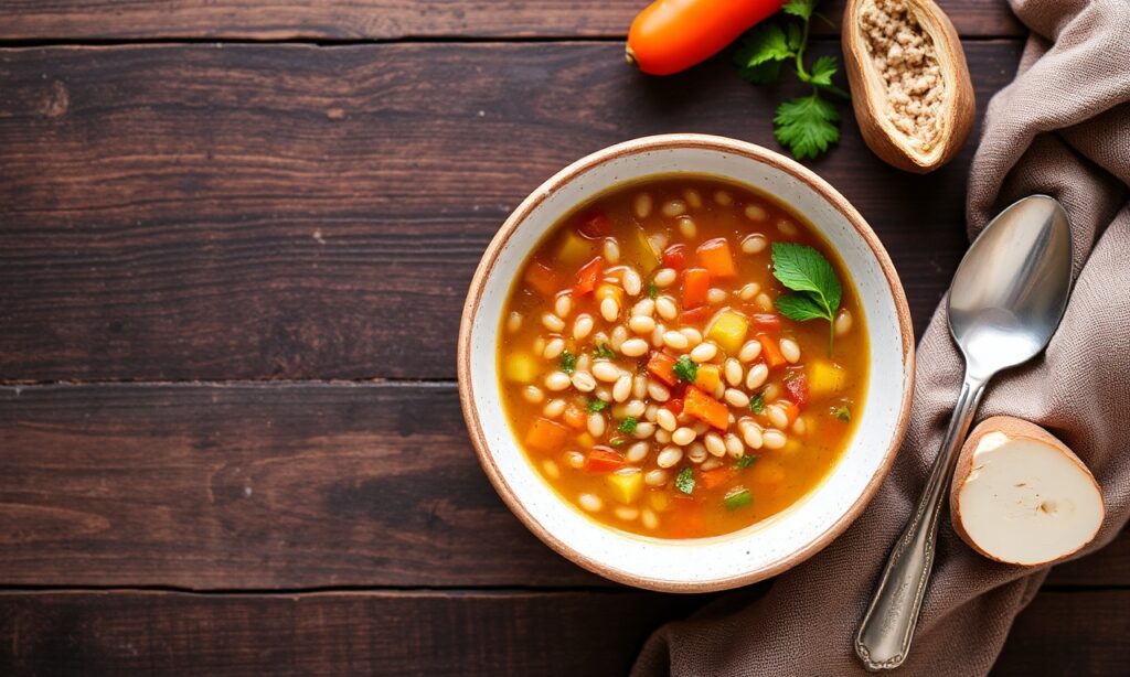 Hearty vegetable barley soup, a rustic comfort food bowl.