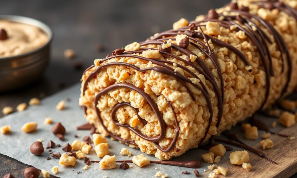 Decadent chocolate peanut butter rice krispie roll bliss.