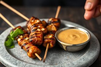 Sizzling satay skewers with perfect peanut sauce recipe.