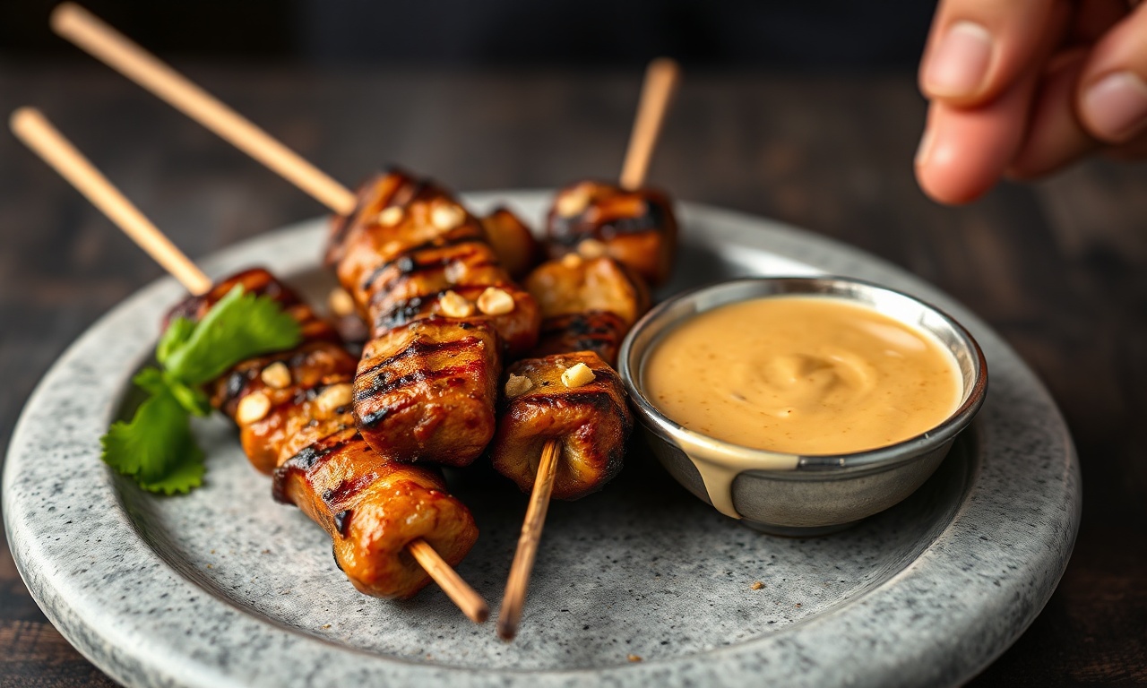 Sizzling satay skewers with perfect peanut sauce recipe.