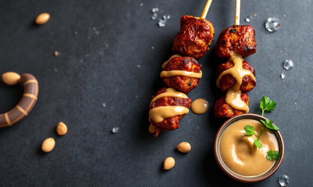 Sizzling satay skewers with perfect peanut sauce, ready to grill.