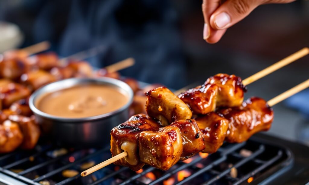 Sizzling Satay skewers grilling, perfect peanut sauce.