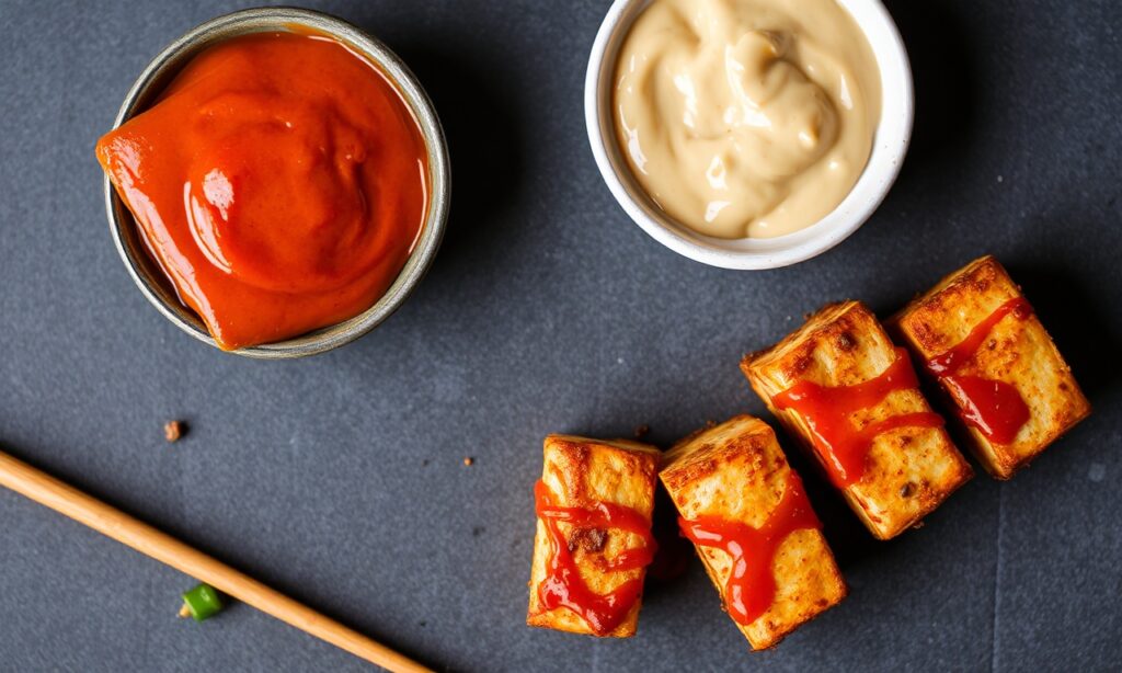 Crispy Gochujang tofu: spicy vegan delight with savory, sweet crunch.