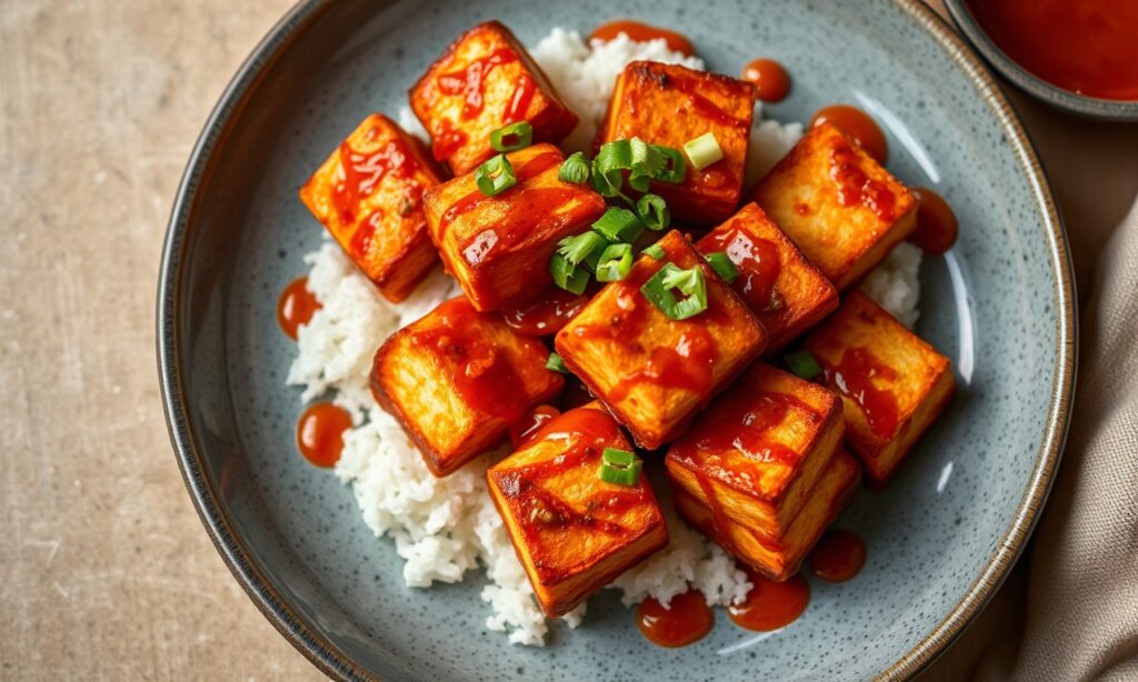 Crispy Gochujang tofu: Spicy vegan delight, flavorful plant-based meal.