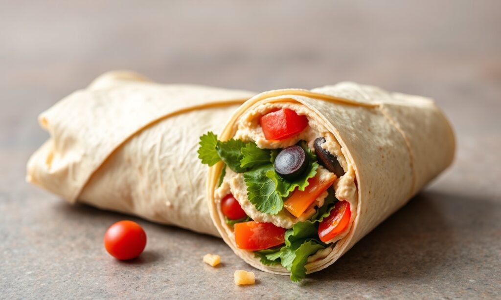Veggie wrap wellness with creamy hummus, a healthy and exciting meal.