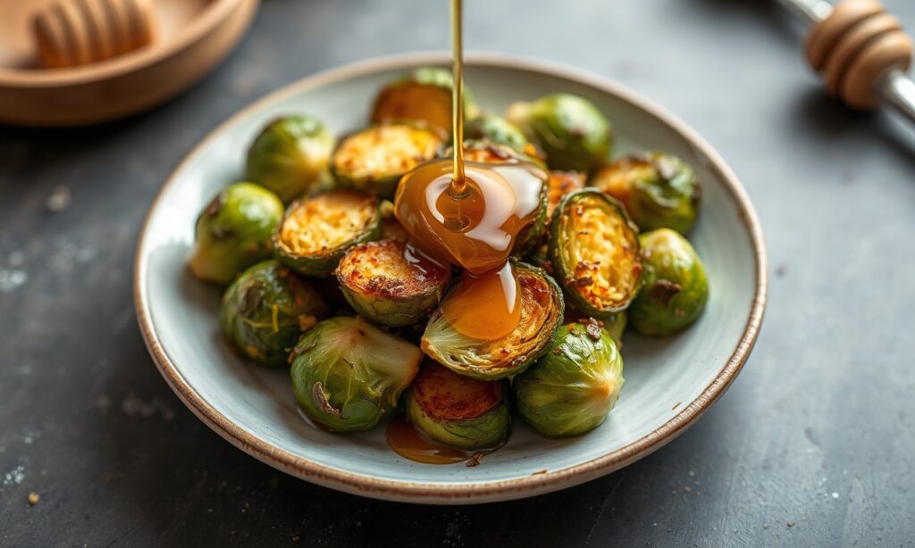 Ultimate crispy Brussels sprouts with spicy hot honey glaze.