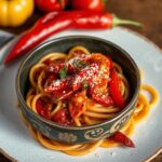 Decadent roasted red pepper pasta, creamy smoky sauce.