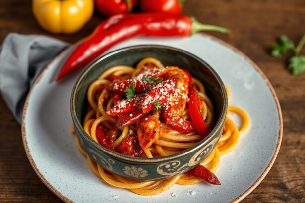 Decadent roasted red pepper pasta, creamy smoky sauce.