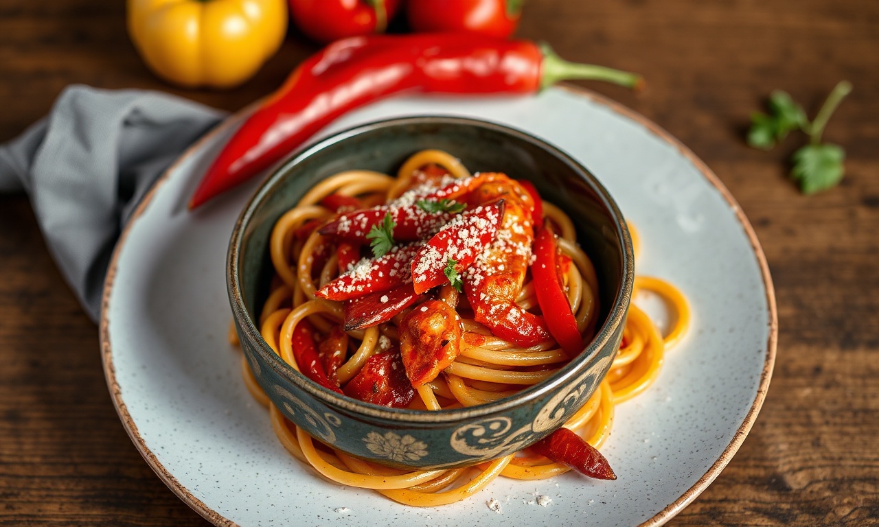 Decadent roasted red pepper pasta, creamy smoky sauce.